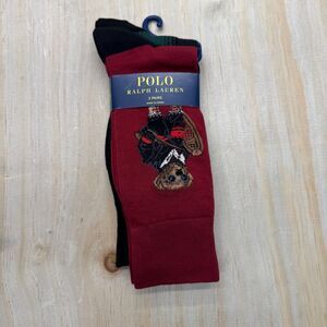 NEW Polo Ralph Lauren Mens Bear Trouser Socks Black Green Red Sz 10-13 2 Pack